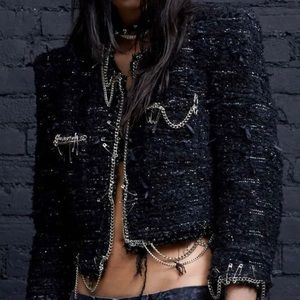 R13 cropped square shoulder tweed blazer